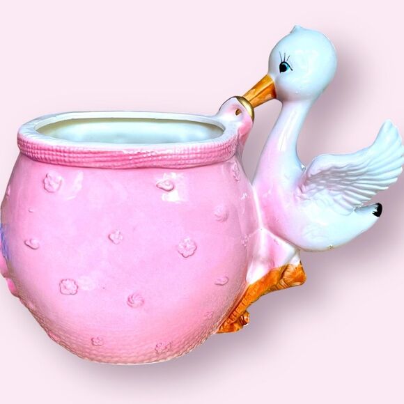 Lefton Stork Planter Pink Baby Bloomers 1960s - Picture 3 of 12
